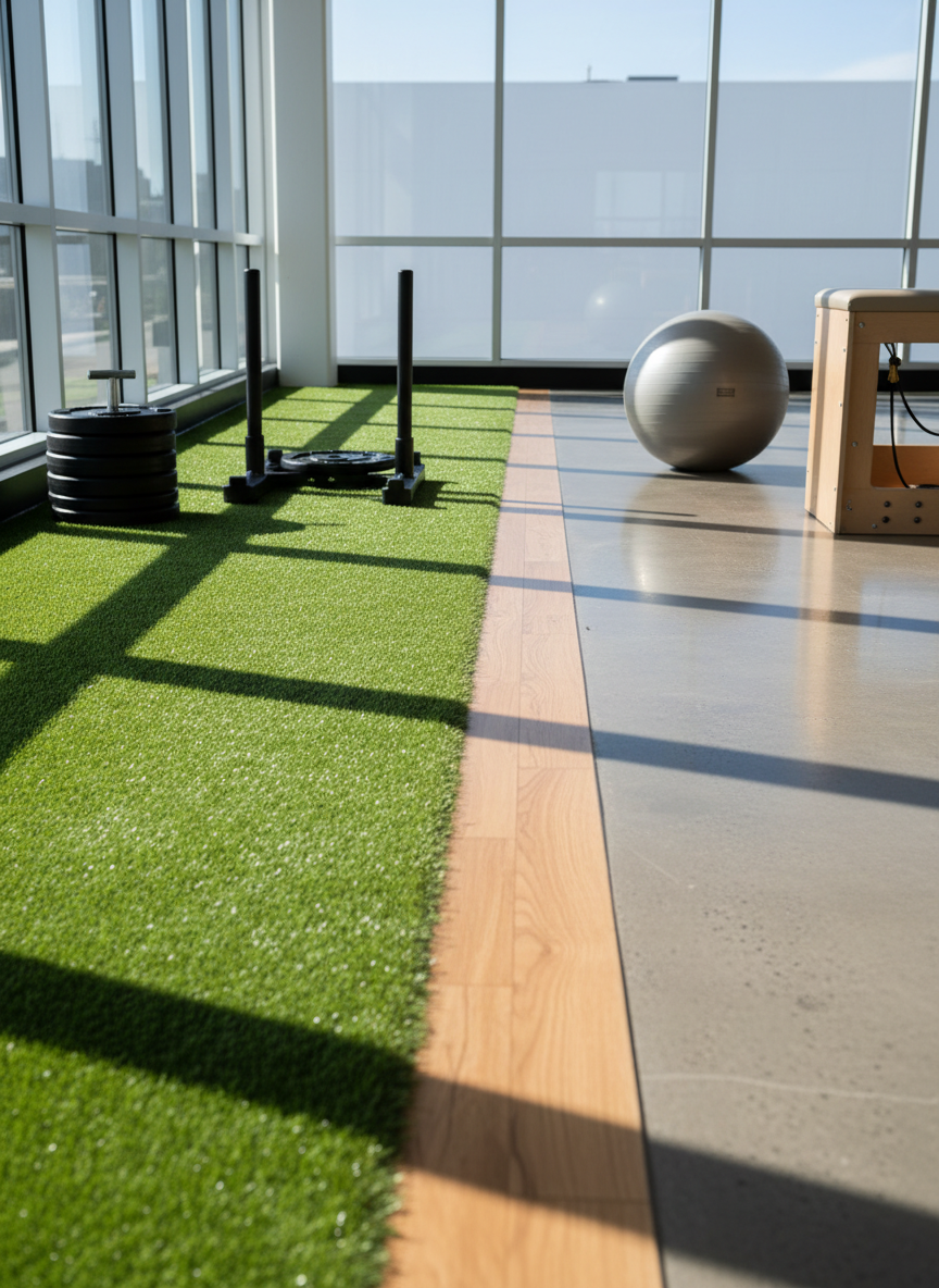 A dynamic corner of a performance-focused gym featuring a bold black sled on a strip of vibrant green turf, positioned adjacent to a calm Pilates zone separated by a narrow strip of warm wood flooring. A set of pristine black weight plates are stacked neatly beside the sled, while in the Pilates area a single neutral-toned stability ball rests beside a folded reformer box. Large floor-to-ceiling windows flood the space with bright, natural daylight, creating strong yet clean shadows and depth. Captured from a low, wide-angle perspective, the photographic image contrasts power and control, embodying the dual focus on athletics and alignment in a polished, professional environment.