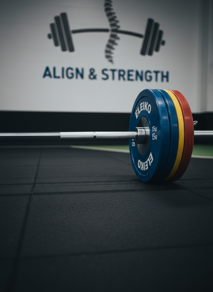 A close-up, photographic realism shot of a perfectly aligned Olympic barbell resting on a smooth, textured black lifting platform, with calibrated color-coded bumper plates flush against the collar. The knurling on the chrome bar is sharply defined, catching a cool overhead light that creates subtle highlights and crisp shadows. In the softly blurred background, a wall-mounted logo of a stylized spine and barbell suggests alignment and strength. The mood is focused and professional, with a neutral color palette of blacks, grays, and deep blues. Shot from a low, side angle with shallow depth of field, the image emphasizes precision, balance, and technical excellence in weightlifting.