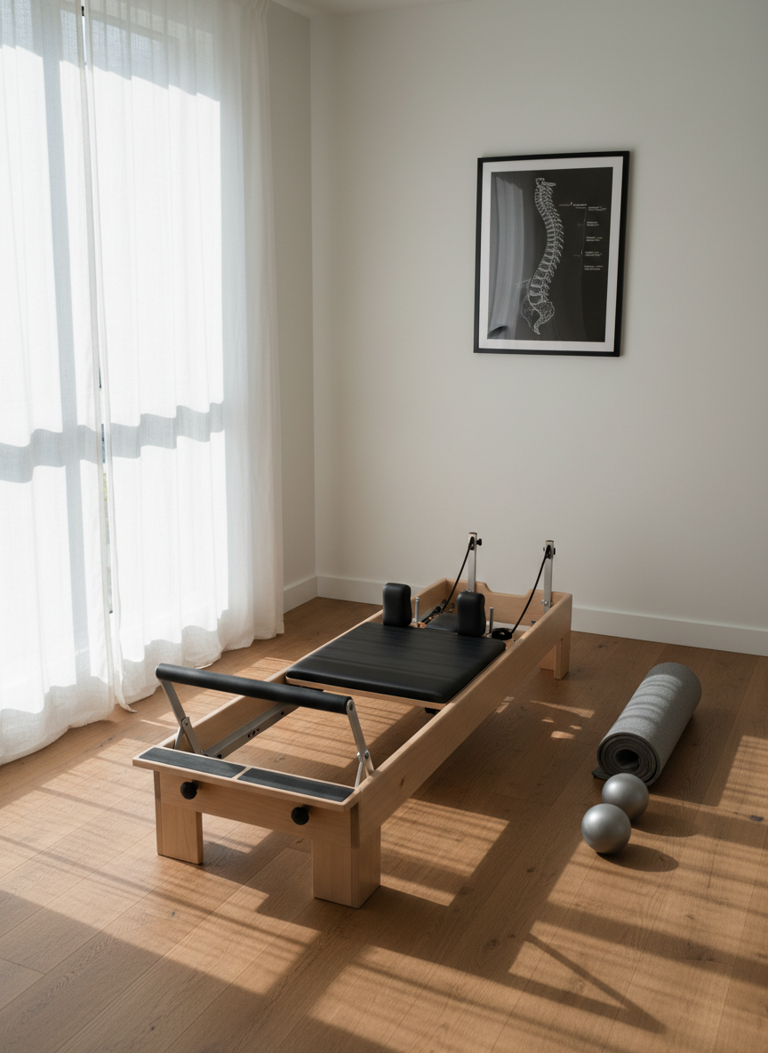 A serene Pilates corner featuring a light maple wood reformer with sleek black padding, perfectly centered on a warm, matte oak floor. Next to it, a neatly rolled gray Pilates mat and a pair of small, matte-silver stability balls rest in orderly alignment. Natural afternoon light filters through sheer white curtains, casting soft, elongated shadows and a calm glow across the equipment. The walls are a smooth, eggshell white with a single, minimalist framed diagram of the human spine in the background. Captured from a slightly elevated angle with balanced composition and sharp focus throughout, the photographic image evokes precision, core alignment, and a sophisticated, professional studio atmosphere.