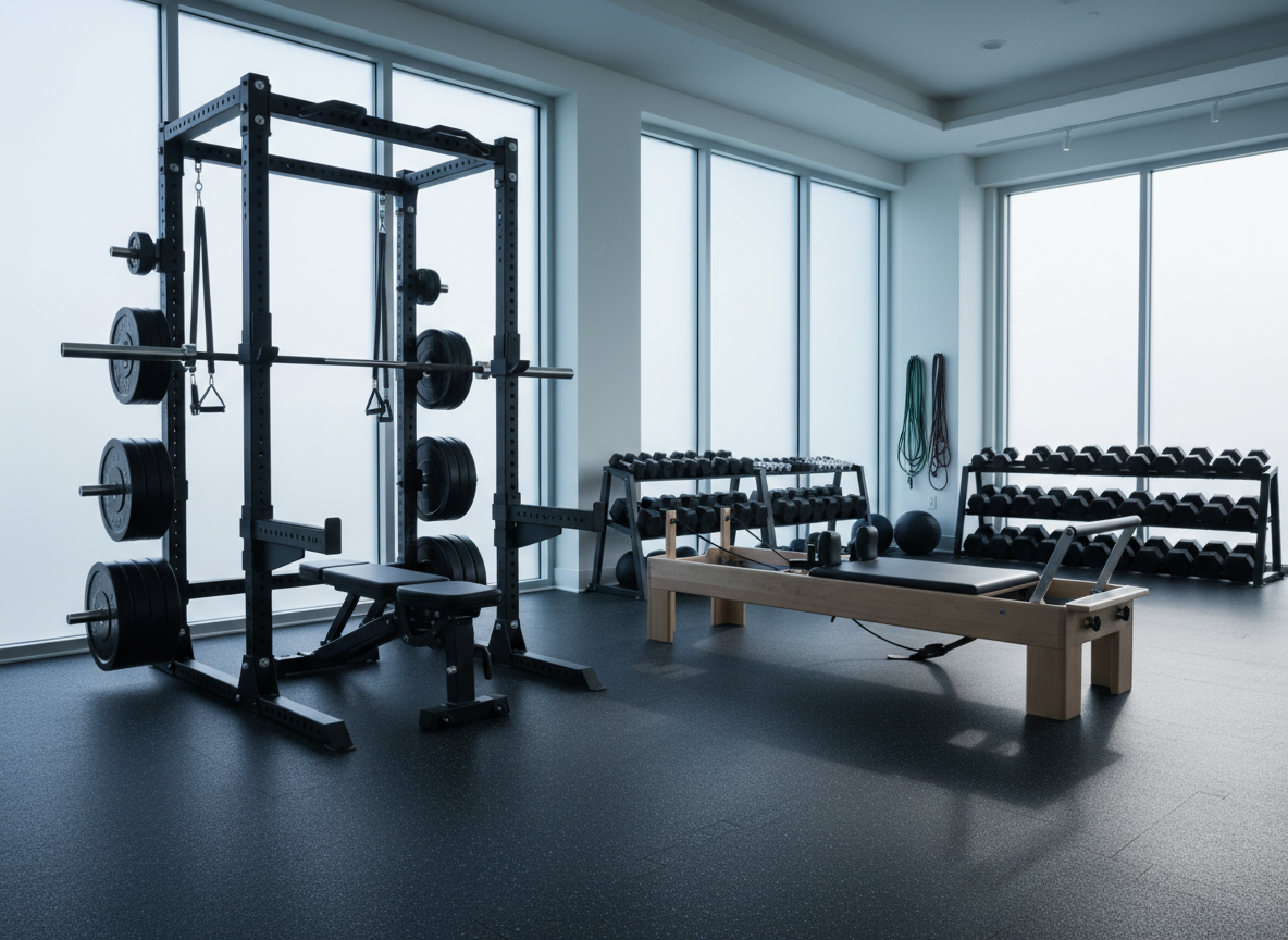 A meticulously organized fitness studio interior with a focus on a heavy-duty black steel power rack and an adjacent polished wooden Pilates reformer. The rubberized flooring has subtle speckled texture and is flawlessly clean. In the background, neatly arranged dumbbells, kettlebells, and resistance bands line matte charcoal shelving. Cool, diffused daylight streams in from tall, frosted windows, creating soft reflections on metal surfaces and gentle shadows along the floor. Captured at eye level with a slightly wide lens, the composition uses the rule of thirds to balance strength and precision. The photographic realism emphasizes a professional, clean, and modern atmosphere that suggests both intense training and controlled alignment work without any human presence.