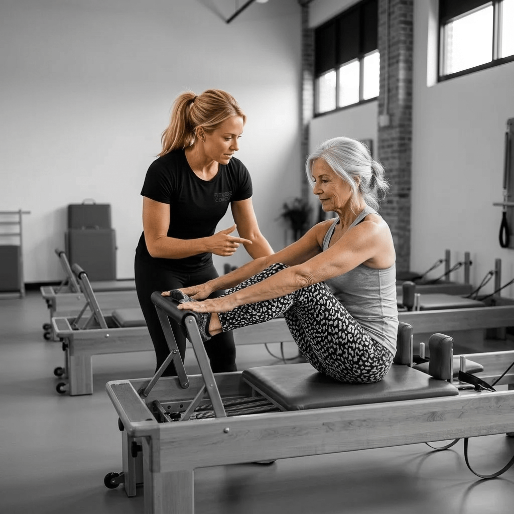 Fitness coach helping a seated woman lift dumbbells during exercise