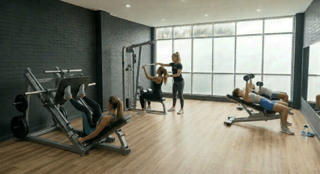 Women exercising on gym machines including elliptical, rowing machine, and weight training equipment