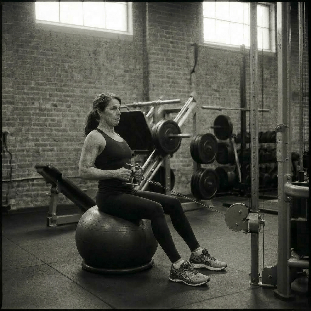 Woman doing cable pull-through exercise on bench in gym